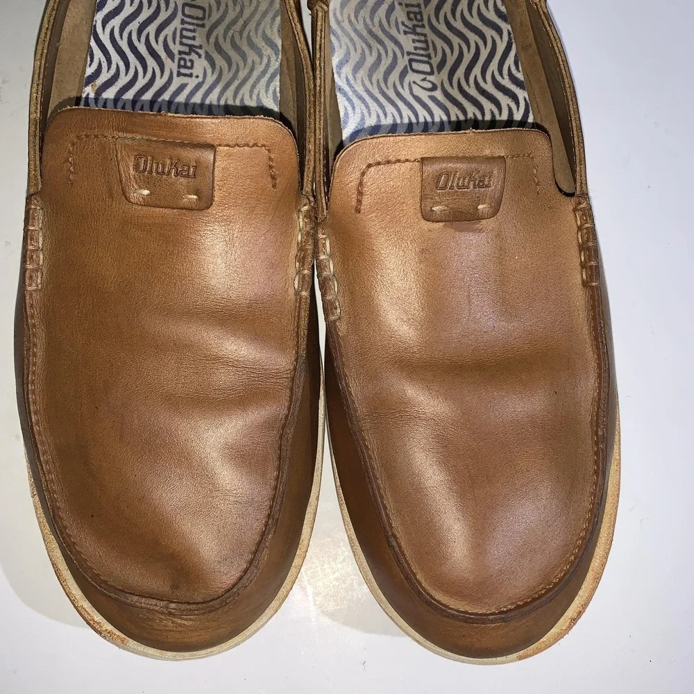 OluKai Kakaha Shoes Mens Size 10 Brown Leather Slip On Loafers Casual Comfort